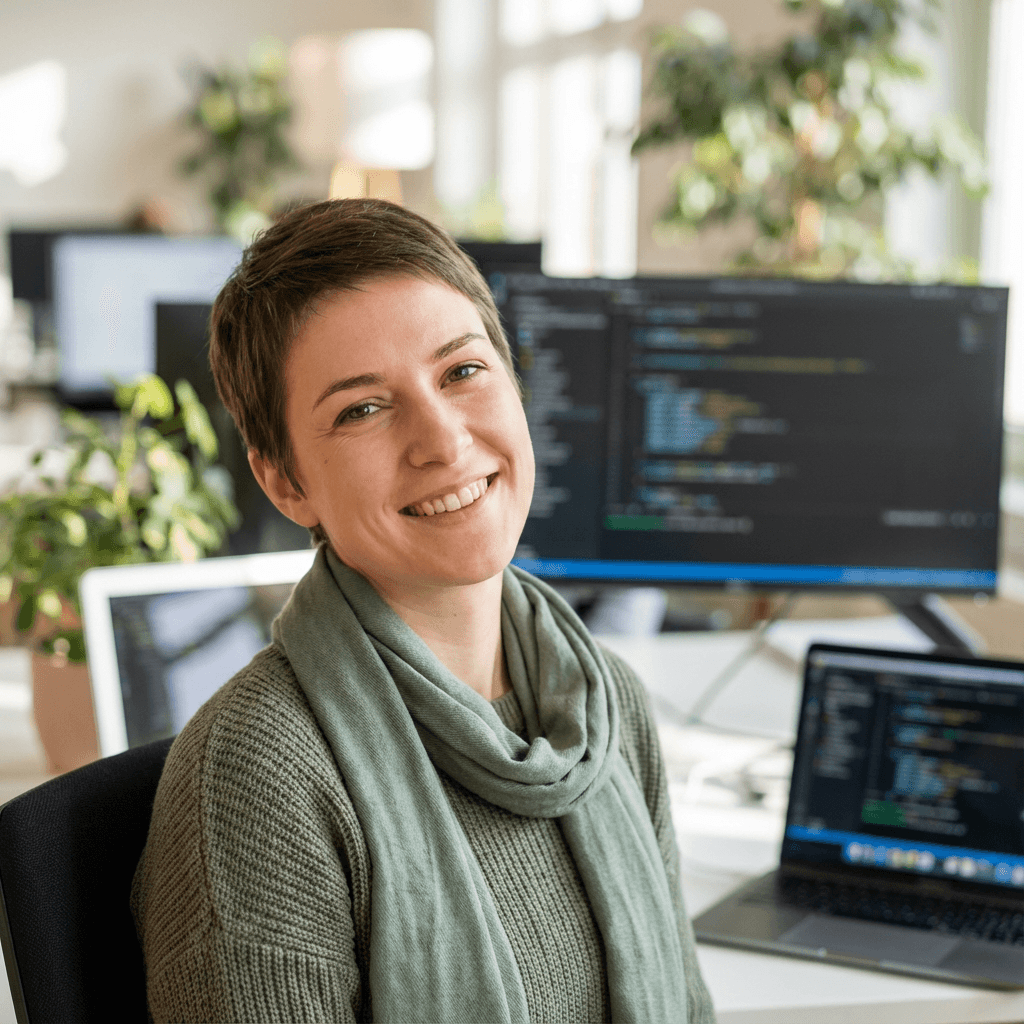 A content strategist at a clean, modern desk with a laptop