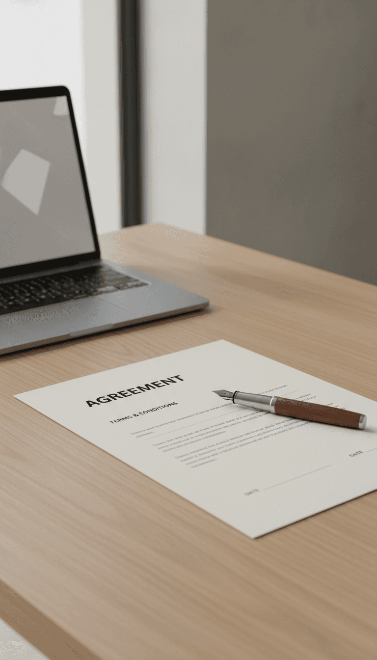 Open contract document with a pen on a modern desk, laptop blurred in background