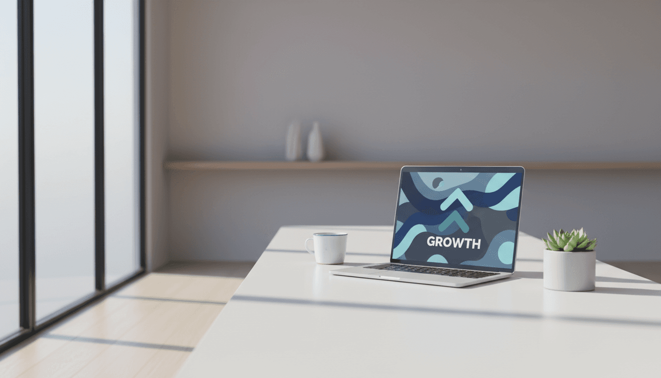Clean modern workspace with laptop showing abstract analytics