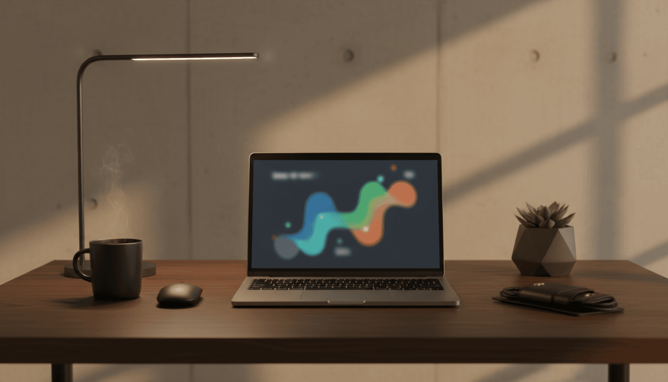 Minimal desk scene with a laptop and subtle analytics dashboard, no text visible