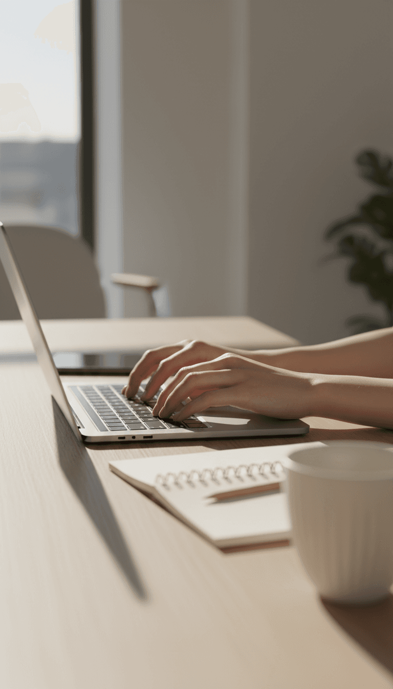 Hands typing on a laptop in a modern, minimalist workspace