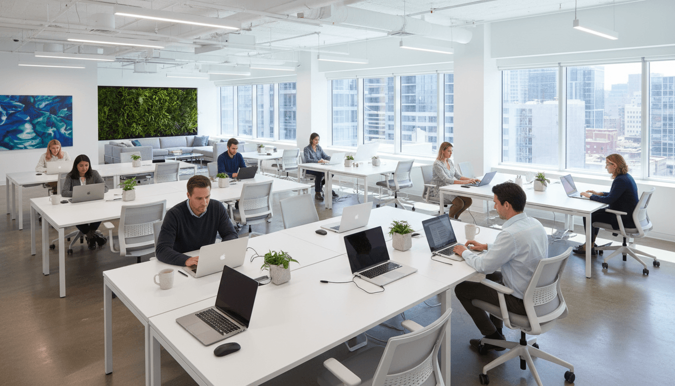 Professionals working on laptops in a modern bright office