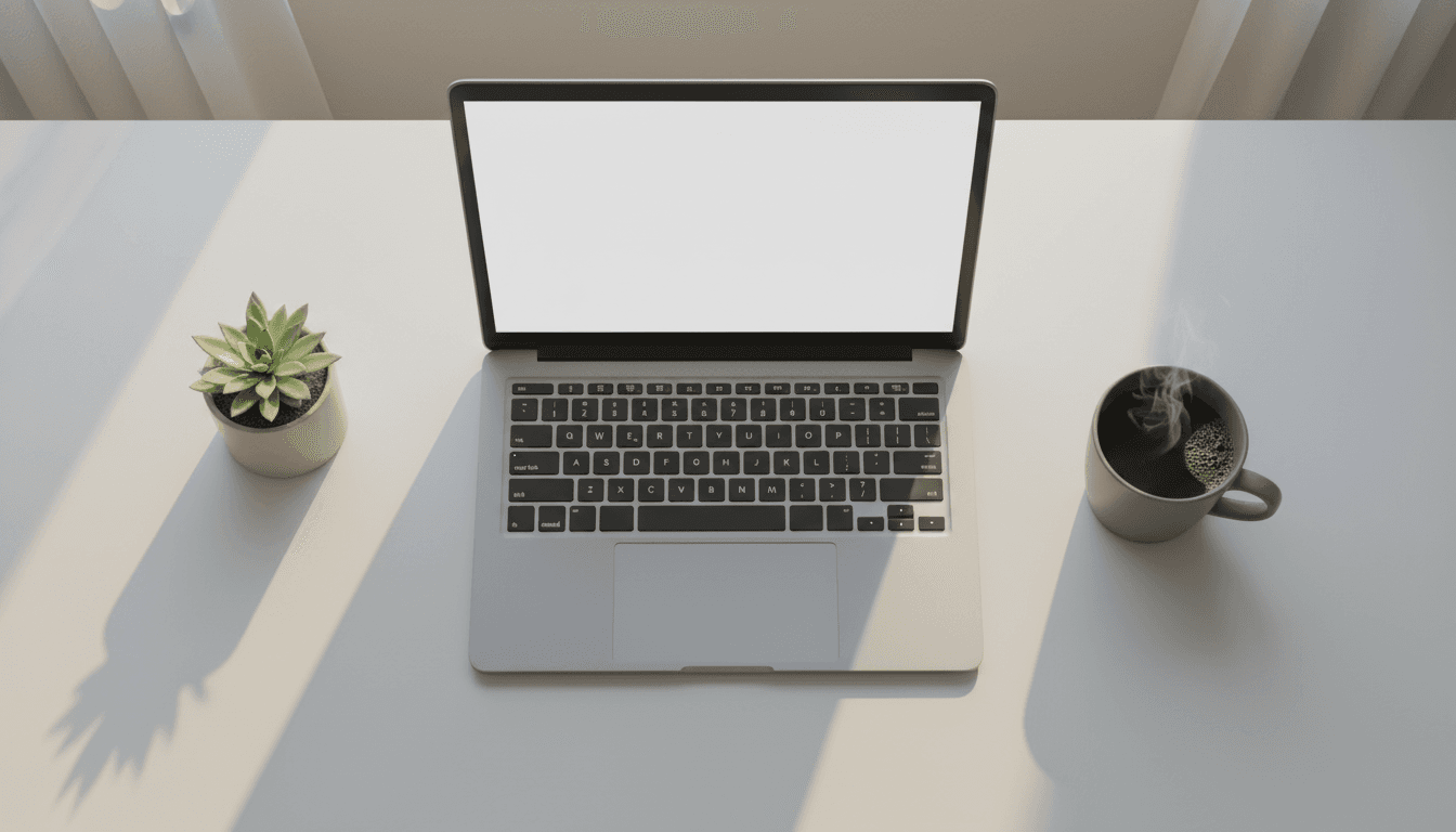 Clean modern workspace with laptop on a white desk