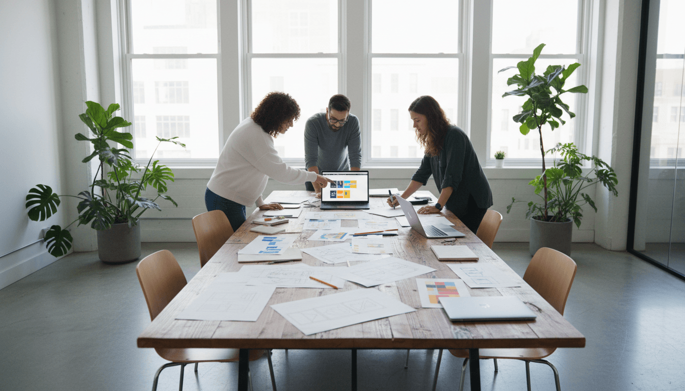 Creative team reviewing campaign plans around a laptop in a bright, minimal studio