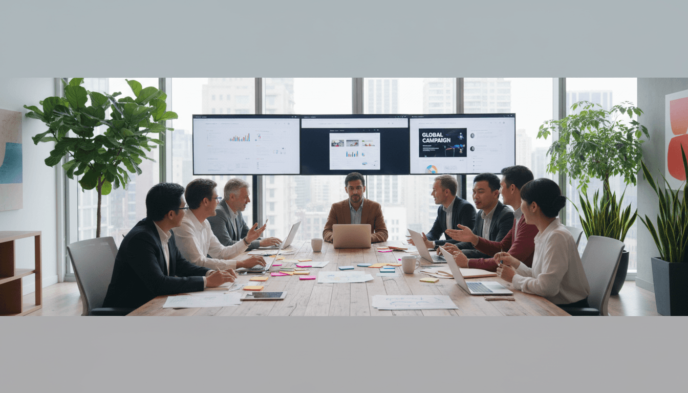 Digital marketing team collaborating in a bright, modern office