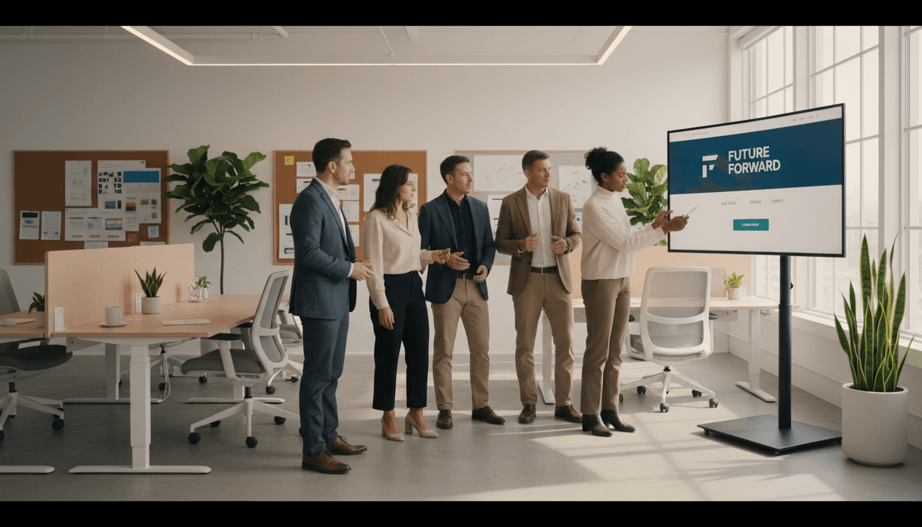 Team reviewing a newsletter design on a monitor
