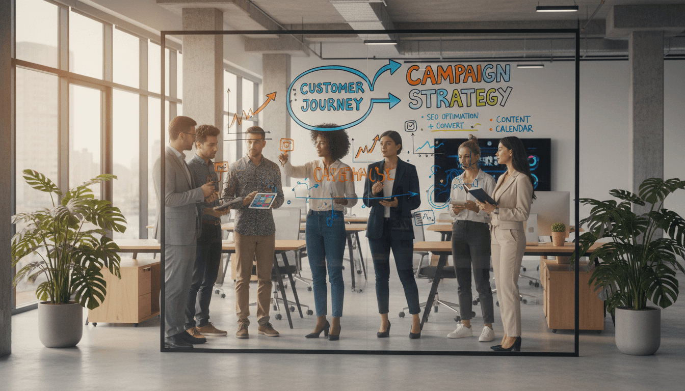Marketing team planning a campaign around a whiteboard